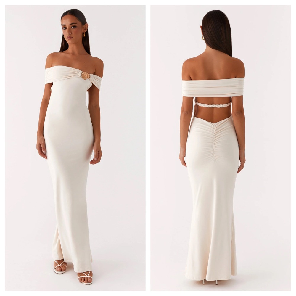 Peppermayo Illusion Maxi Dress Ivory Off Shoulder Shell Detail US 6 NEW